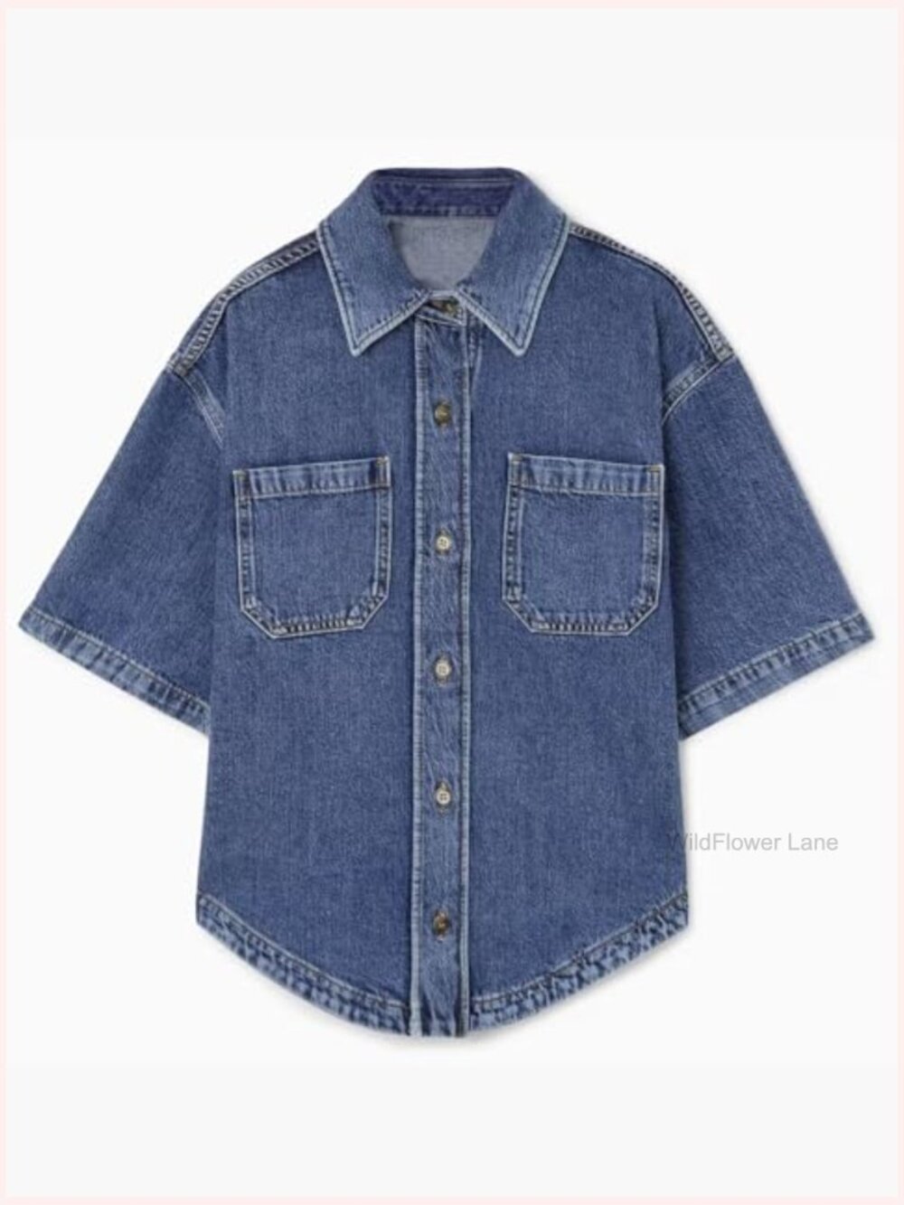 Women's Crop Denim Shirt Button Down Short Sleeve Oversized Jean Top - Picture 5 of 7